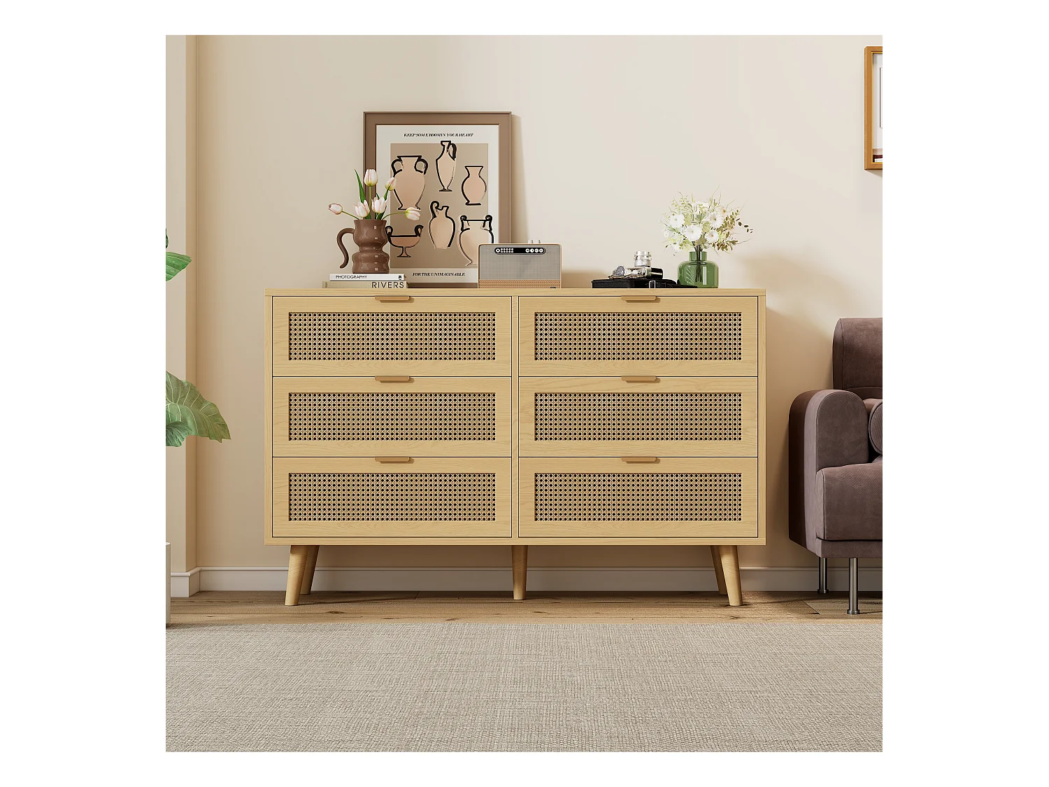 Buffet en bois naturel clair avec 6 tiroirs, poignées en métal, dimensions 120 x 40 x 76,5 cm