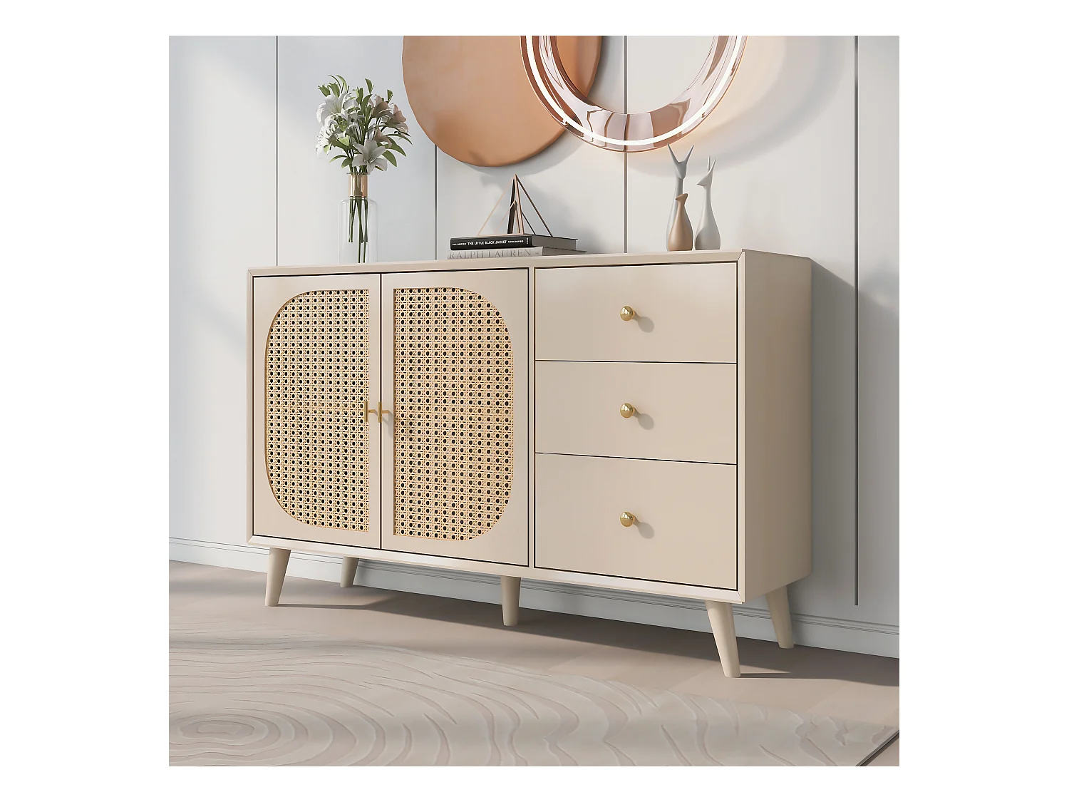 Buffet blanc cassé avec 3 tiroirs et 2 portes, 120x40x82,5 cm