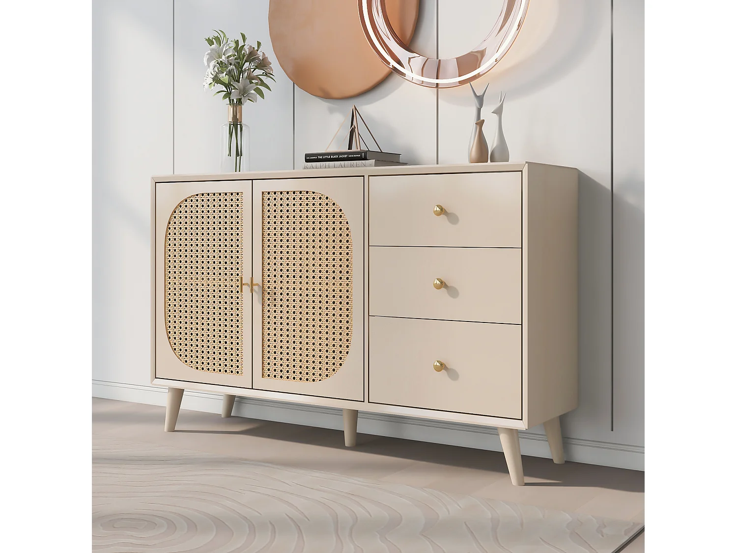 Credenza bianco sporco con 3 cassetti e 2 ante, 120x40x82,5 cm