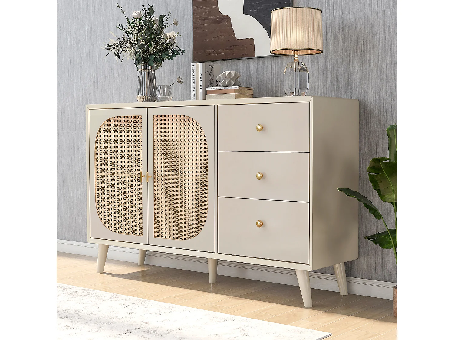 Credenza bianco sporco con 3 cassetti e 2 ante, 120x40x82,5 cm