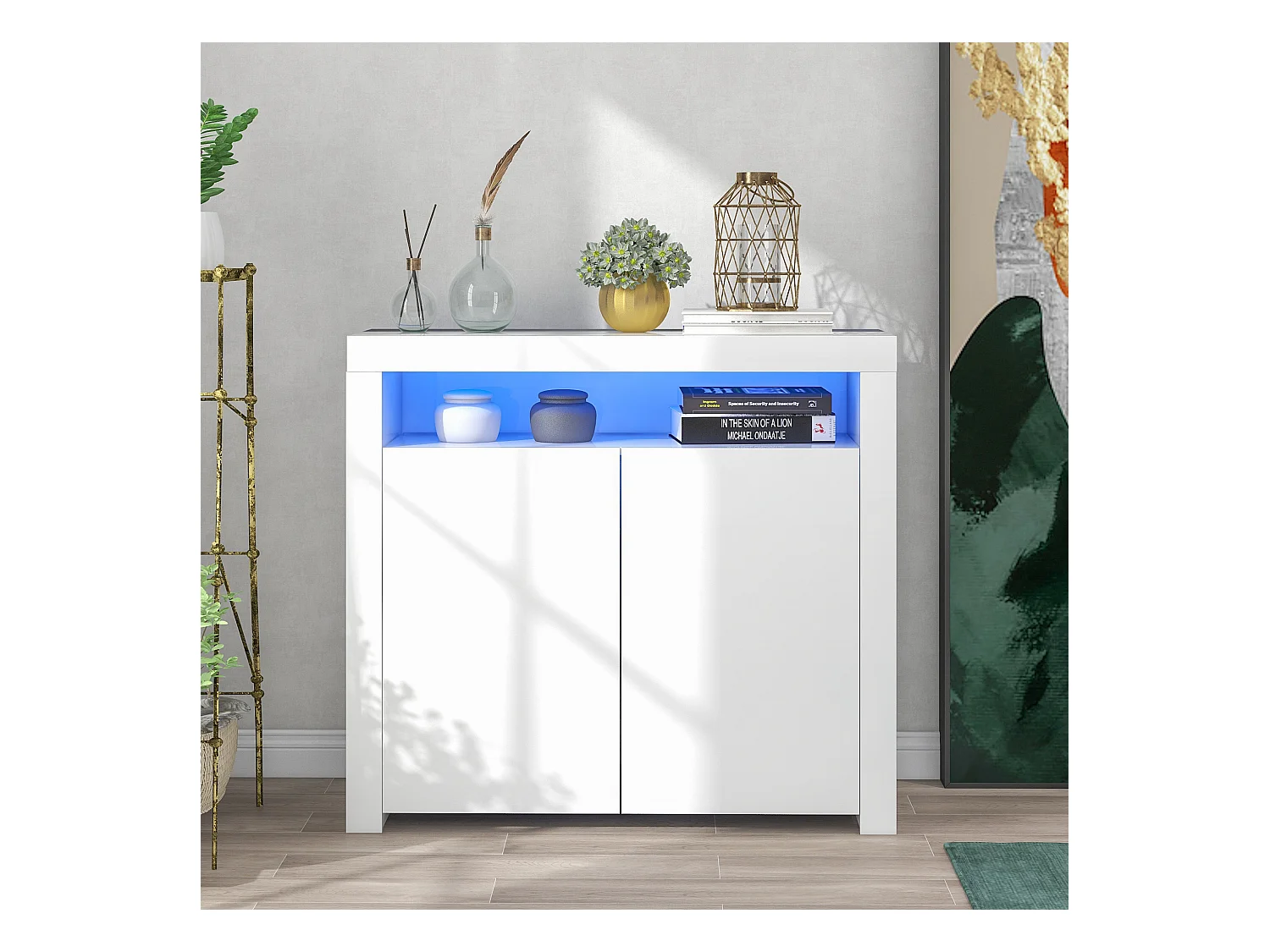 Wit dressoir met 2 deuren en open opbergruimte, spaanplaat, 108x40x92 cm