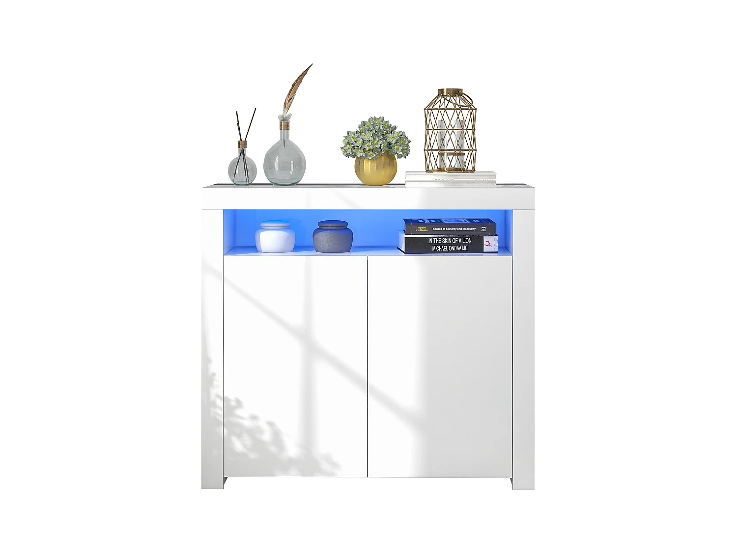 Wit dressoir met 2 deuren en open opbergruimte, spaanplaat, 108x40x92 cm