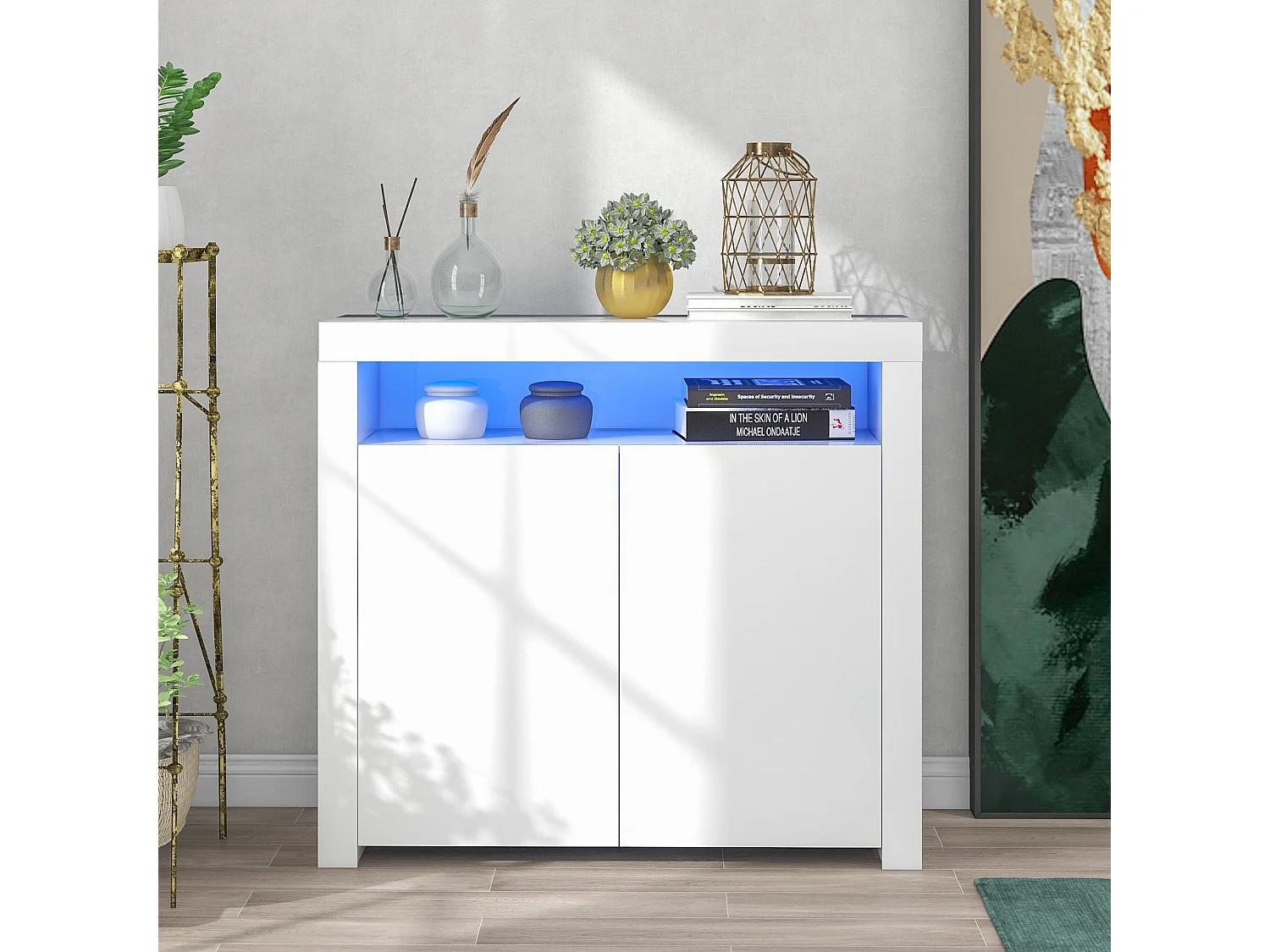 Credenza bianca con 2 ante e vano a giorno, pannello di particelle, 108x40x92 cm