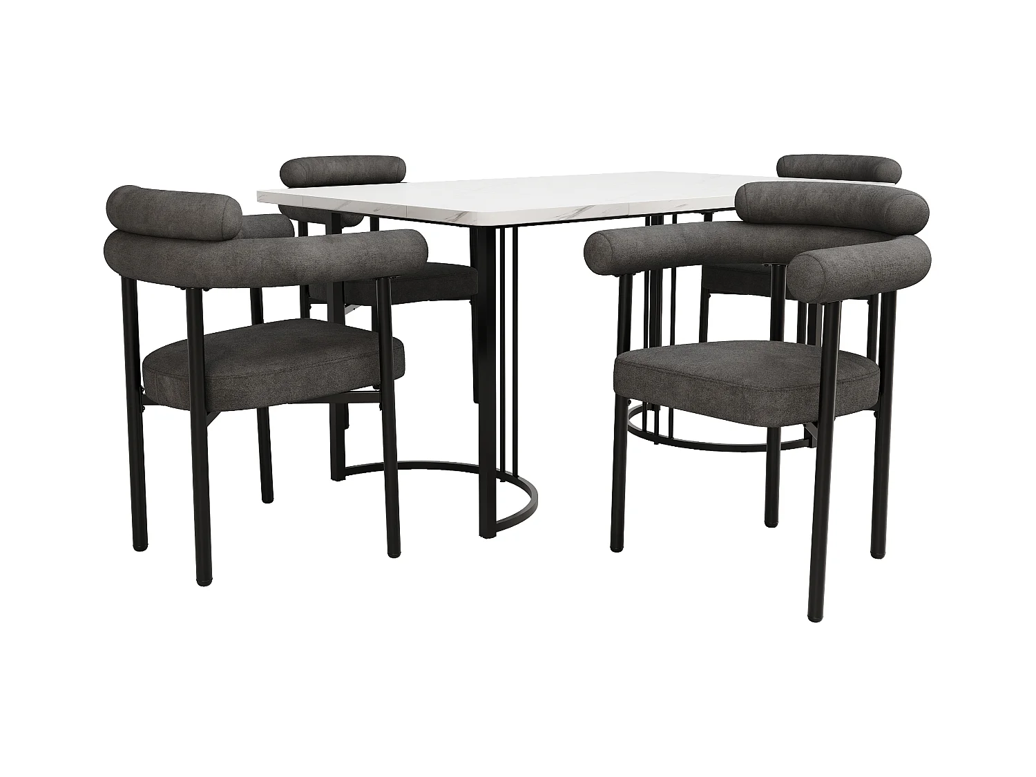 Ensemble table + 4 chaises, table 140x80x75cm, gris foncé + blanc
