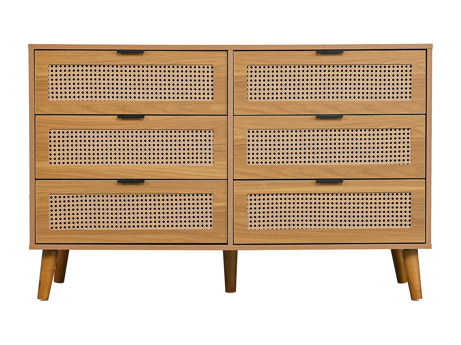 Buffet en bois naturel foncé avec 6 tiroirs, poignées en métal, dimensions 120 x 40 x 76,5 cm