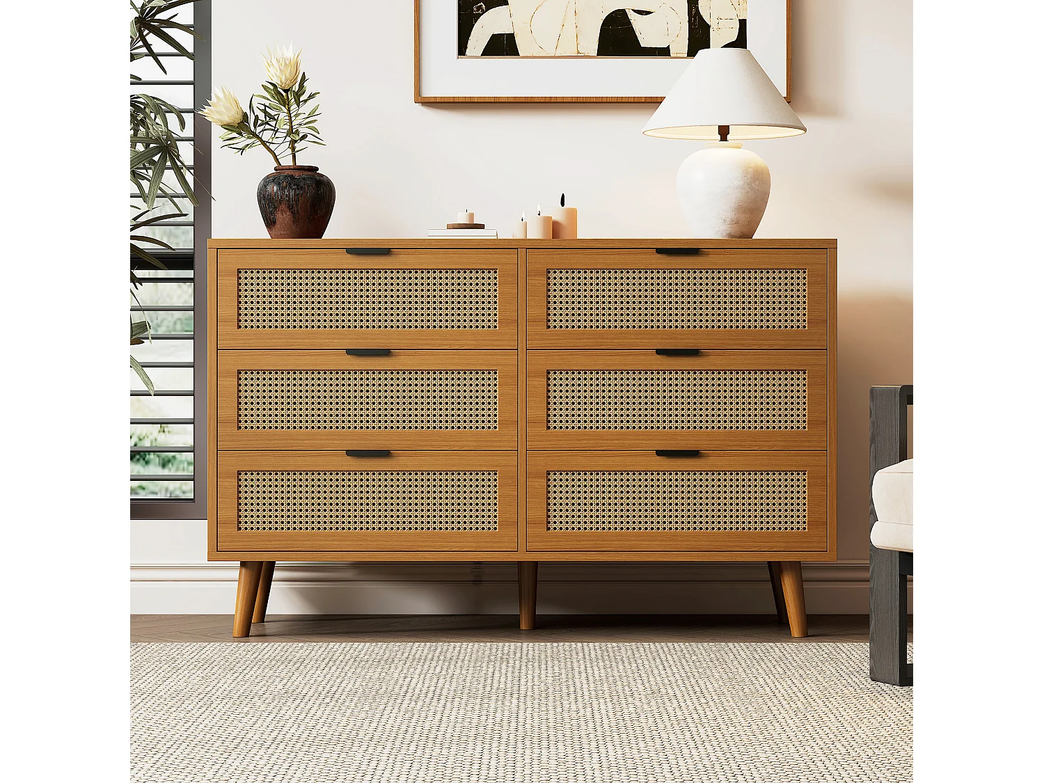 Credenza in legno naturale scuro con 6 cassetti, maniglie in metallo, dimensioni 120 x 40 x 76,5 cm