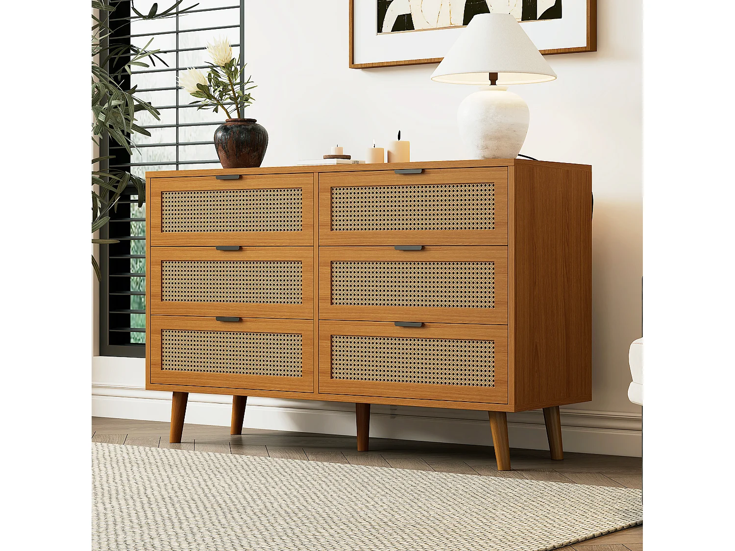 Credenza in legno naturale scuro con 6 cassetti, maniglie in metallo, dimensioni 120 x 40 x 76,5 cm