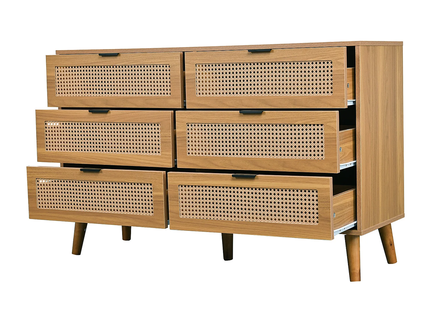 Credenza in legno naturale scuro con 6 cassetti, maniglie in metallo, dimensioni 120 x 40 x 76,5 cm