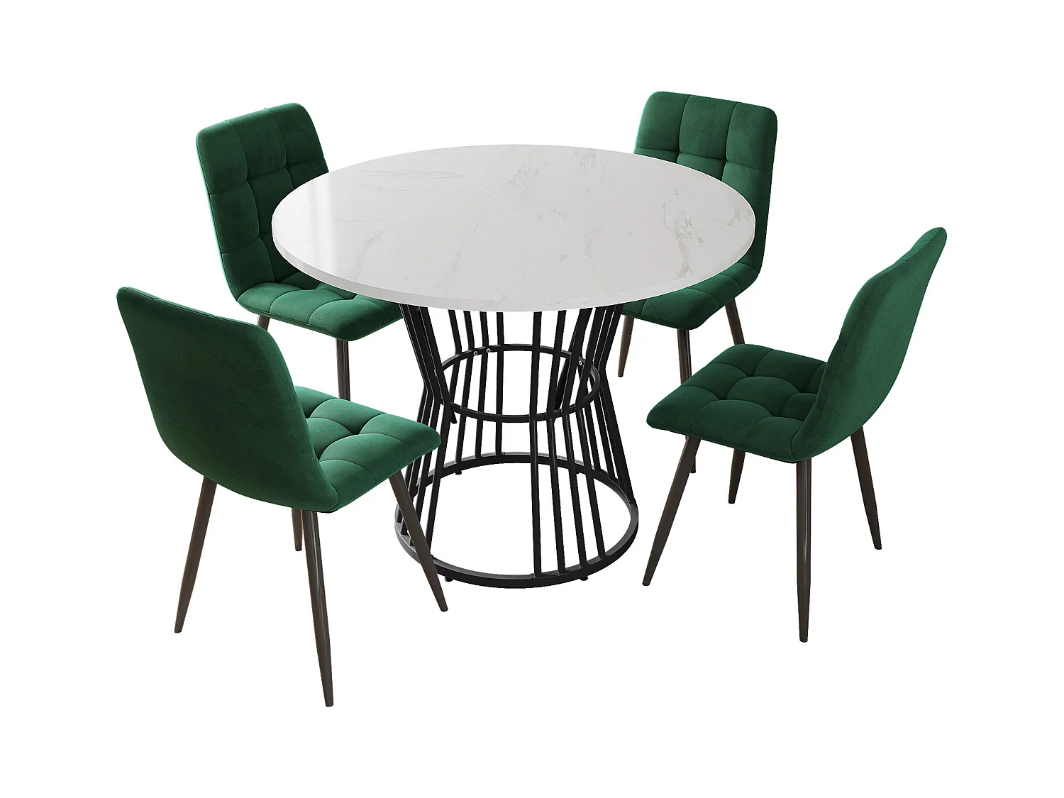 Ensemble table + 4 chaises en velours vert, table ronde 100x100x75cm, pieds en métal noir + plateau en MDF blanc