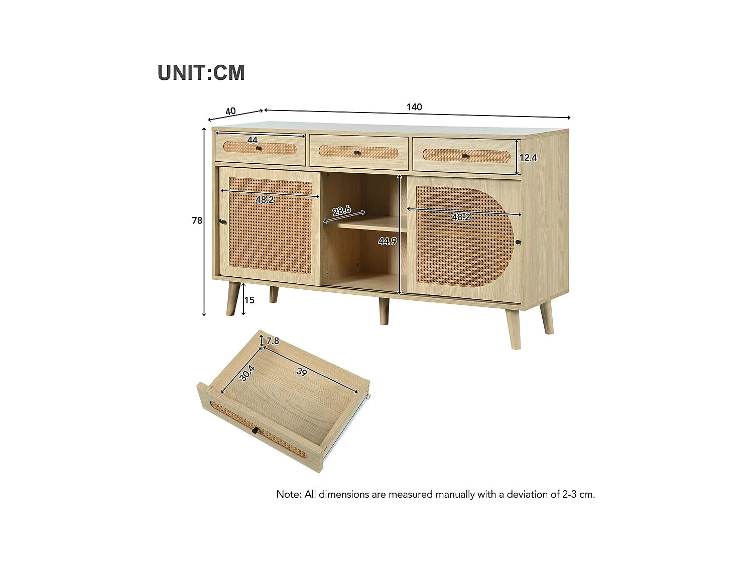 Buffet naturel, 140x40x78 cm, avec 3 tiroirs et 3 portes coulissantes, étagères réglables