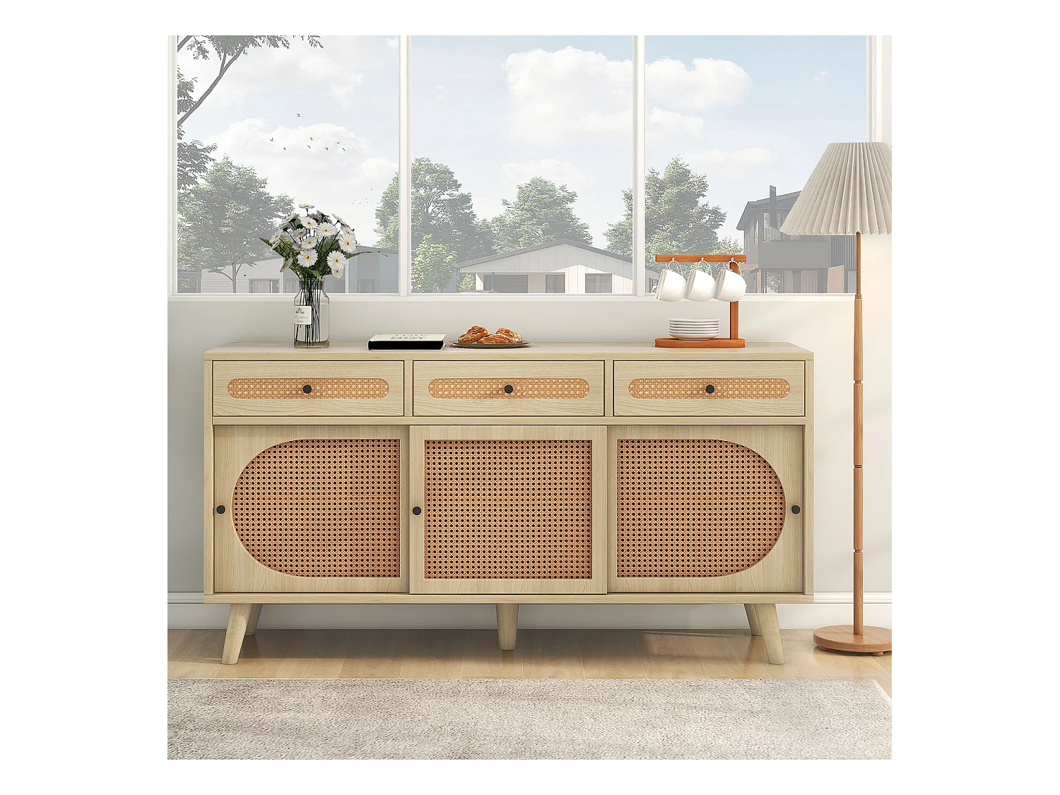 Buffet naturel, 140x40x78 cm, avec 3 tiroirs et 3 portes coulissantes, étagères réglables