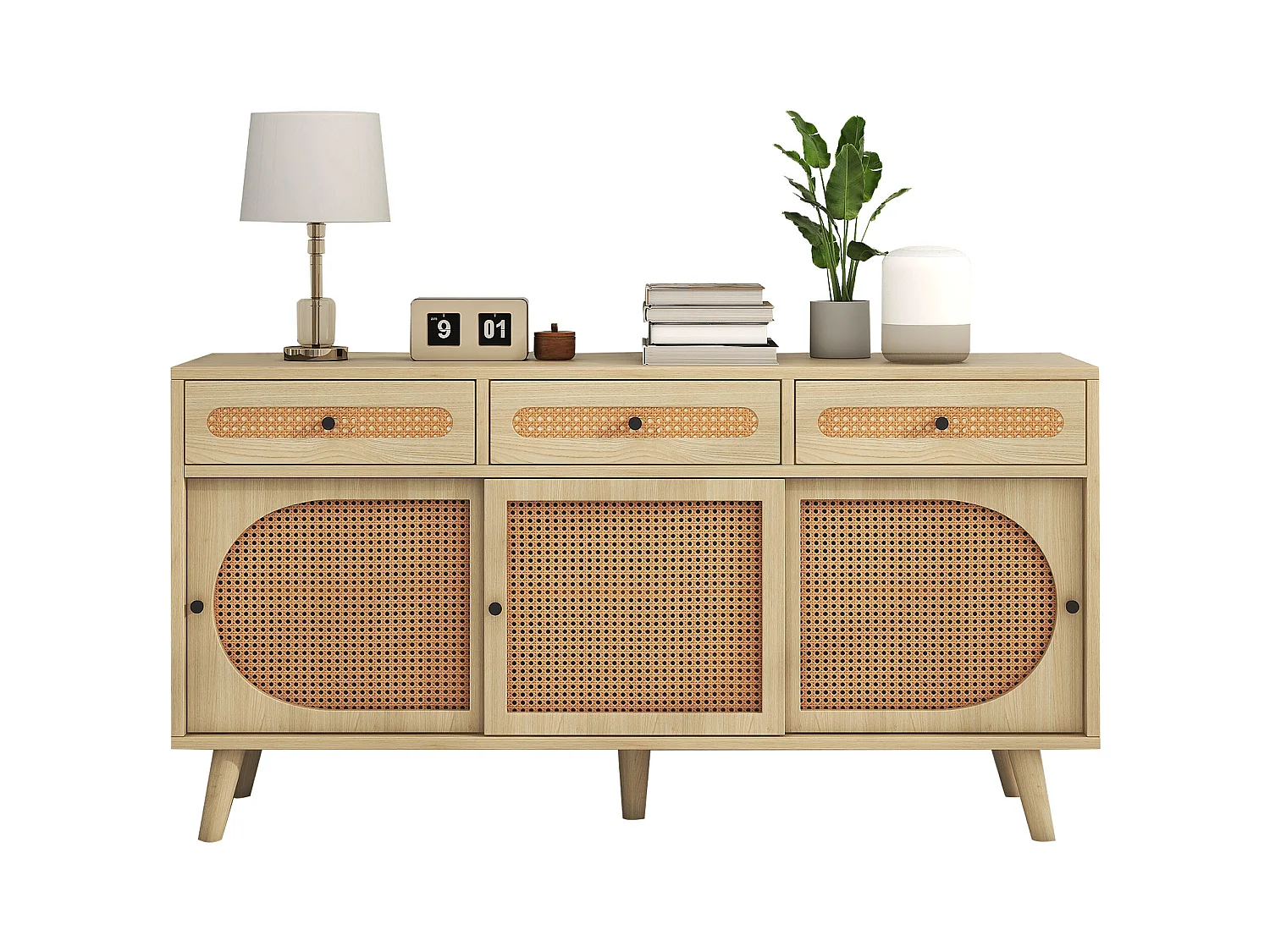 Buffet naturel, 140x40x78 cm, avec 3 tiroirs et 3 portes coulissantes, étagères réglables