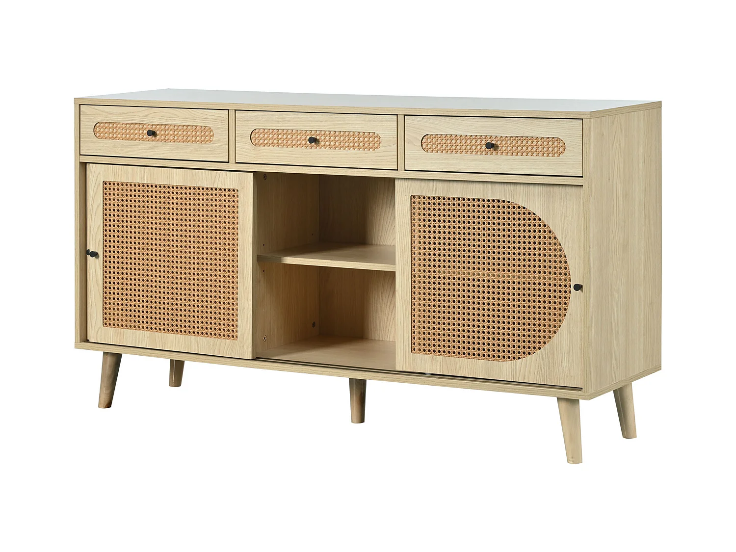 Buffet naturel, 140x40x78 cm, avec 3 tiroirs et 3 portes coulissantes, étagères réglables