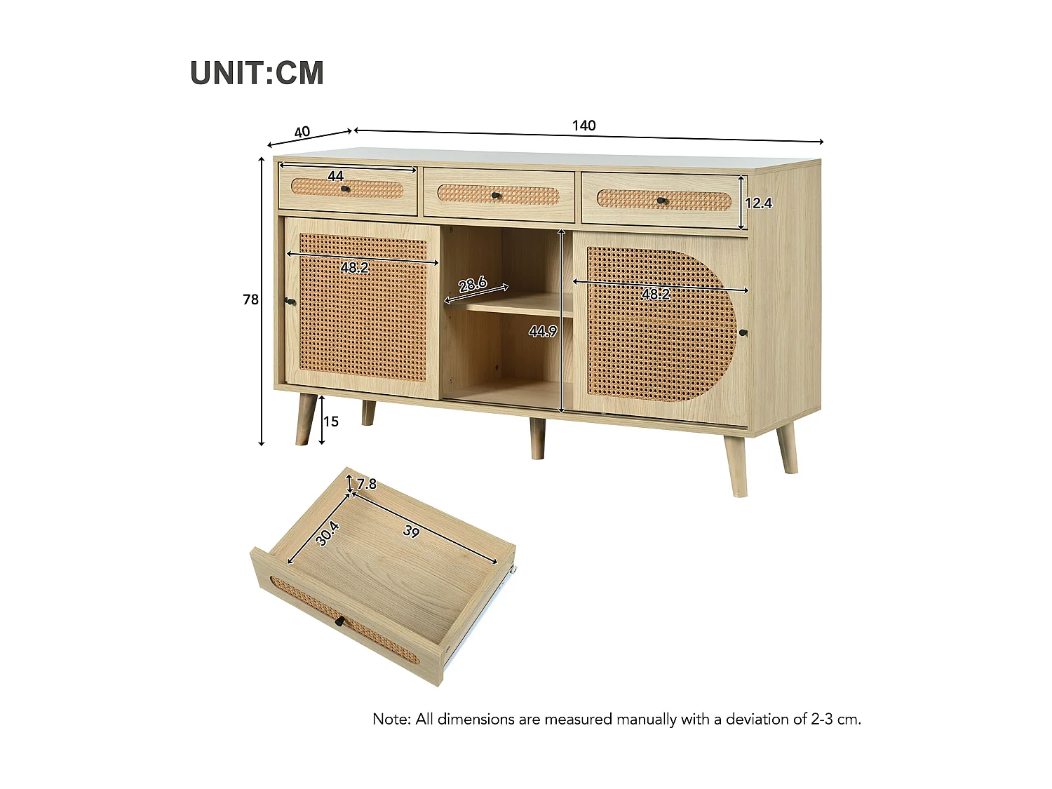 Credenza naturale, 140x40x78 cm, con 3 cassetti e 3 ante scorrevoli, ripiani regolabili