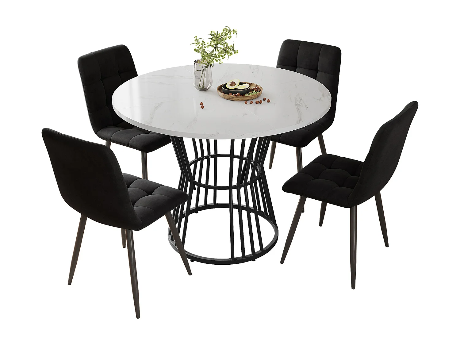 Tafelset + 4 stoelen in zwart fluweel, ronde tafel 100x100x75cm, zwarte metalen poten + wit MDF-blad