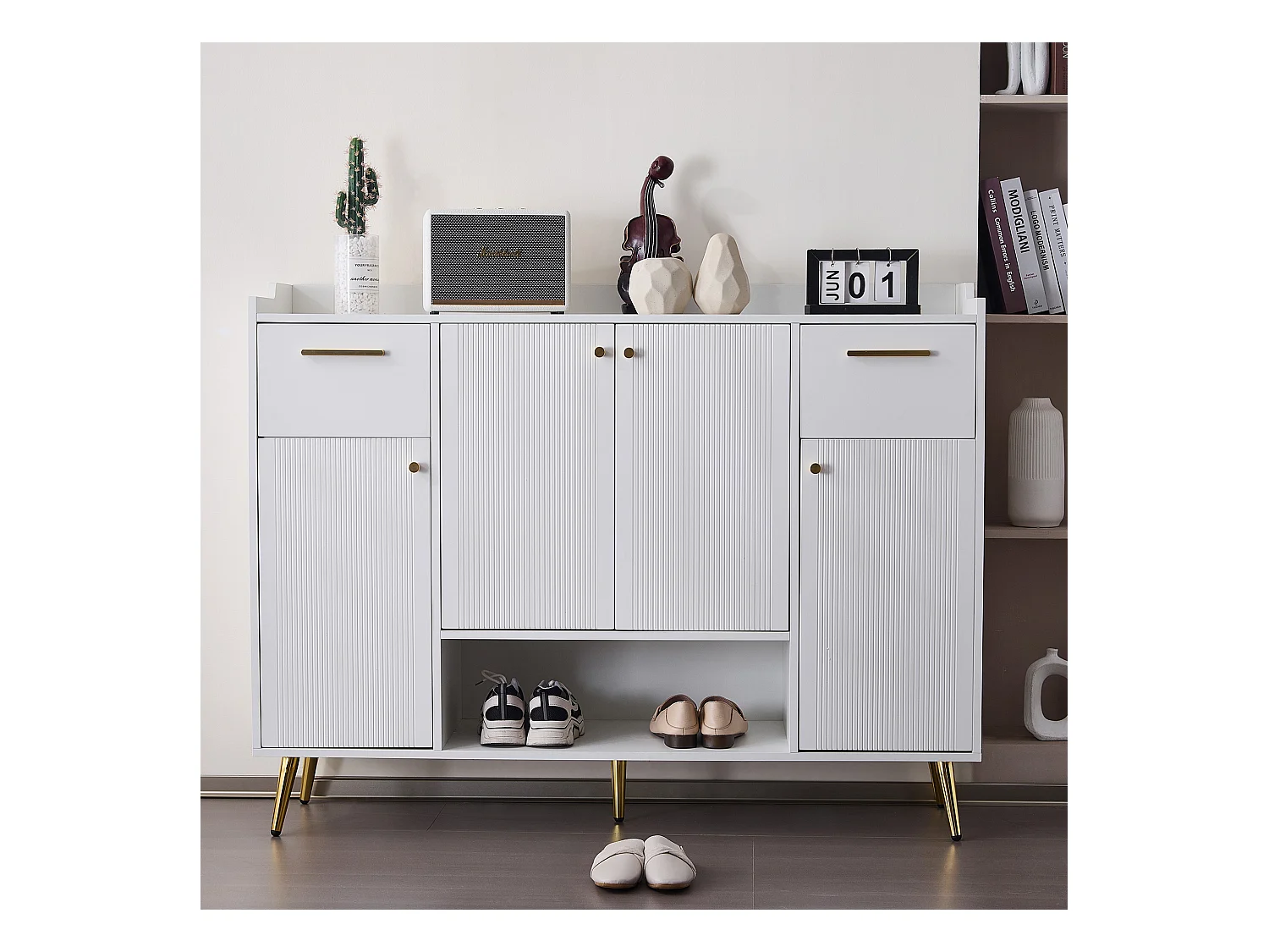 Zapatero blanco con 2 cajones y 4 puertas, patas de metal 130x37x100cm