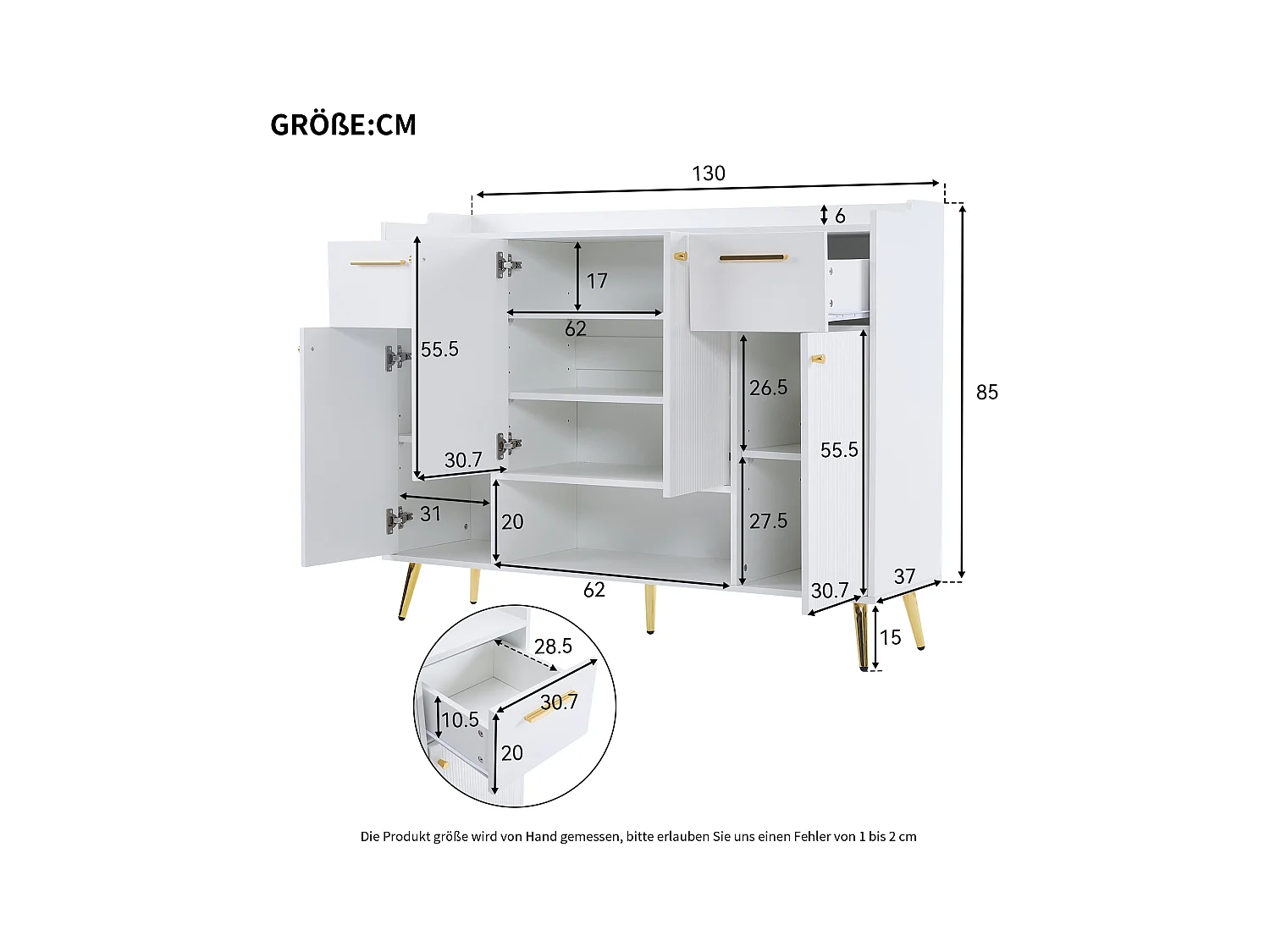 Zapatero blanco con 2 cajones y 4 puertas, patas de metal 130x37x100cm