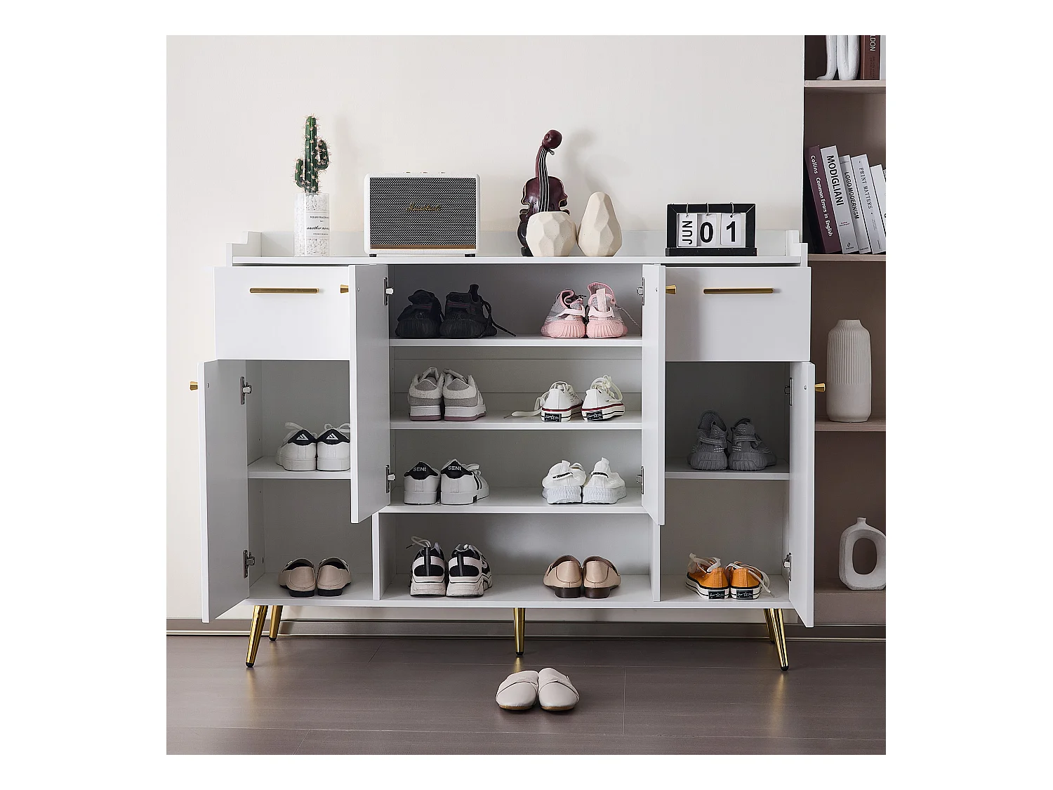 Zapatero blanco con 2 cajones y 4 puertas, patas de metal 130x37x100cm