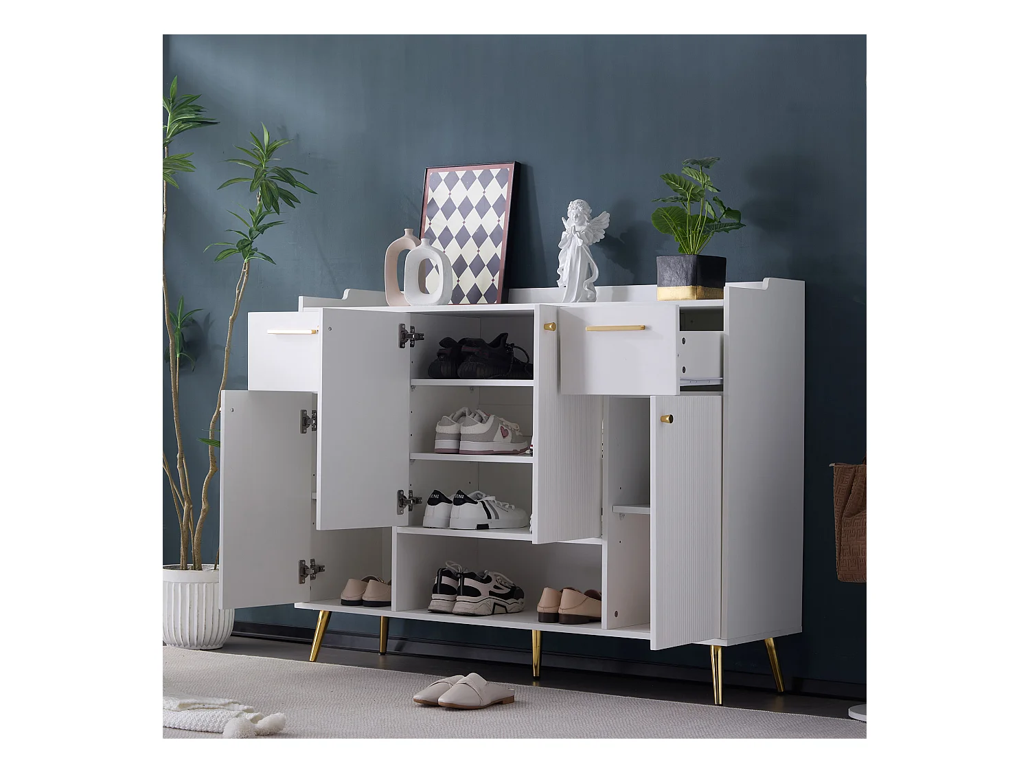 Zapatero blanco con 2 cajones y 4 puertas, patas de metal 130x37x100cm