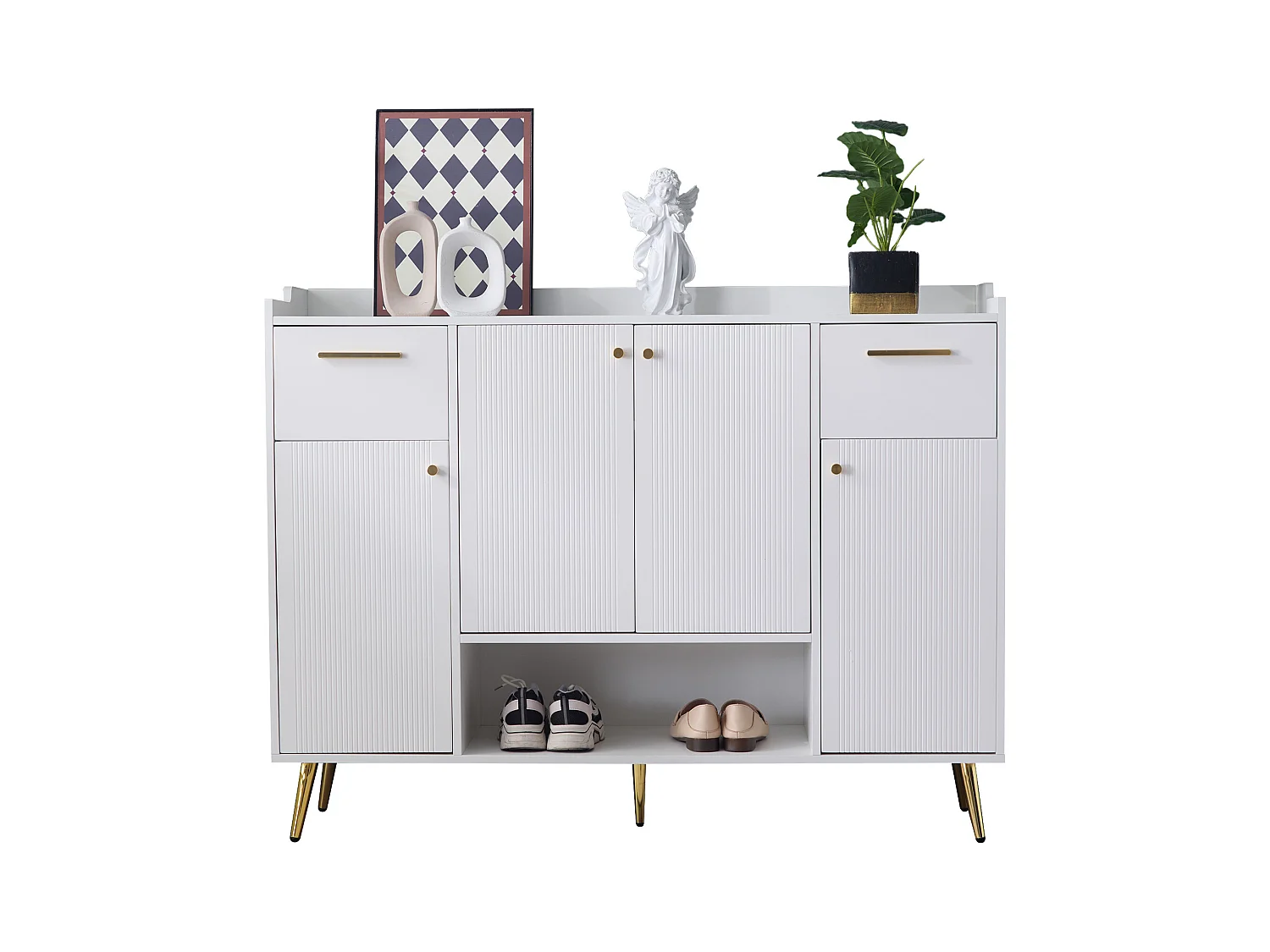 Zapatero blanco con 2 cajones y 4 puertas, patas de metal 130x37x100cm