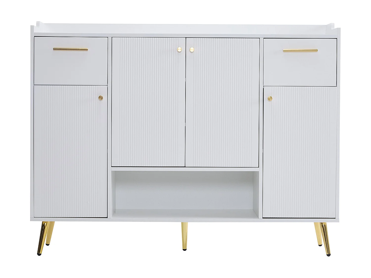 Meuble chaussures blanc avec 2 tiroirs et 4 portes, pieds en métal 130x37x100cm