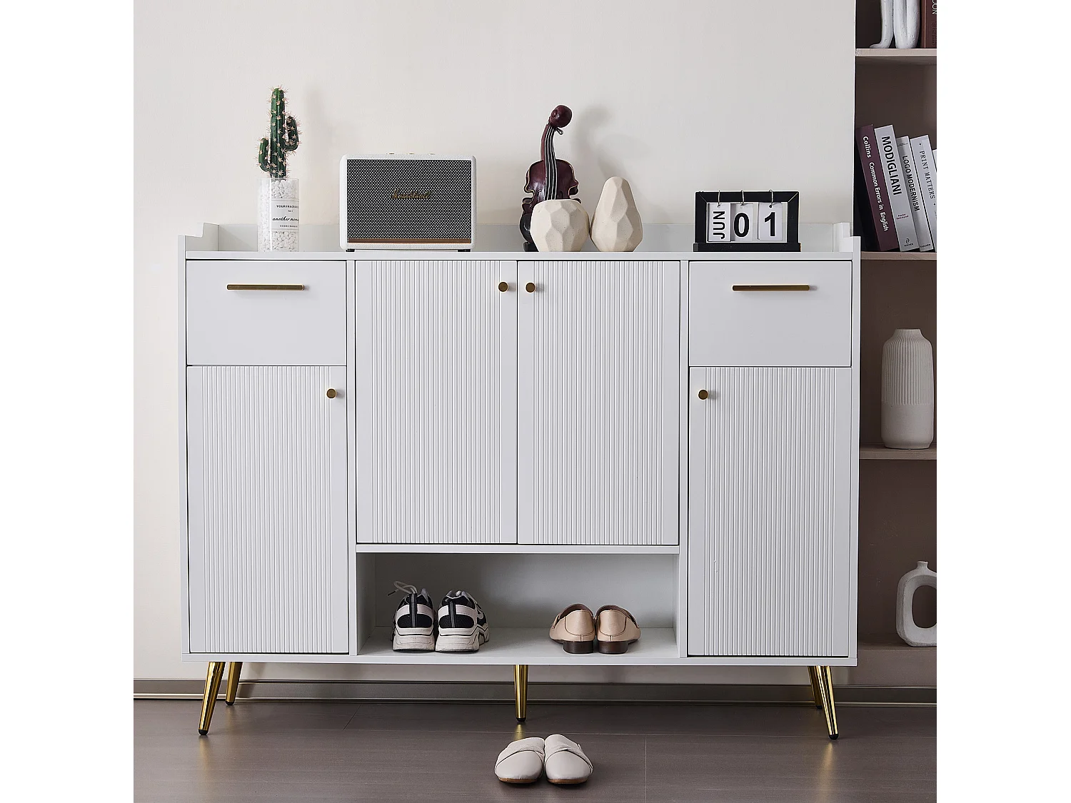 Meuble chaussures blanc avec 2 tiroirs et 4 portes, pieds en métal 130x37x100cm