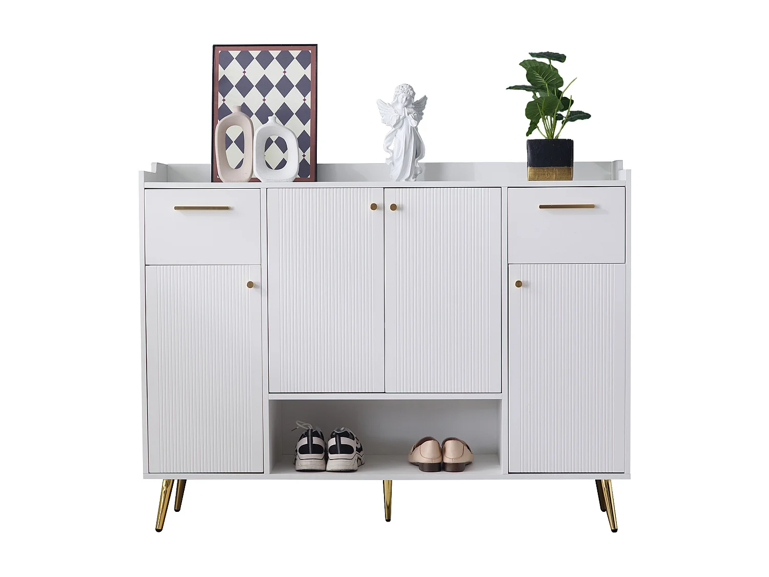 Meuble chaussures blanc avec 2 tiroirs et 4 portes, pieds en métal 130x37x100cm