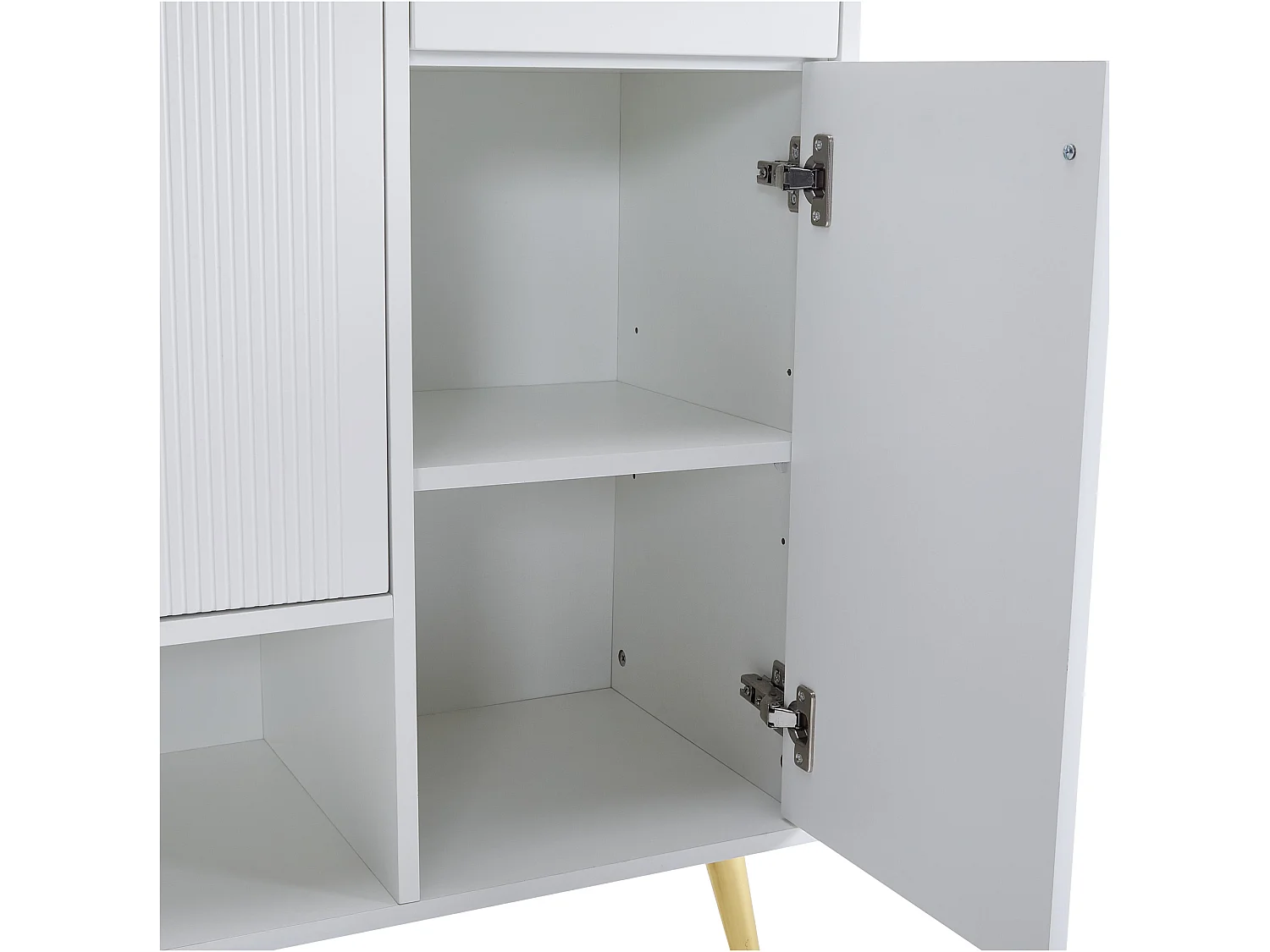 Meuble chaussures blanc avec 2 tiroirs et 4 portes, pieds en métal 130x37x100cm