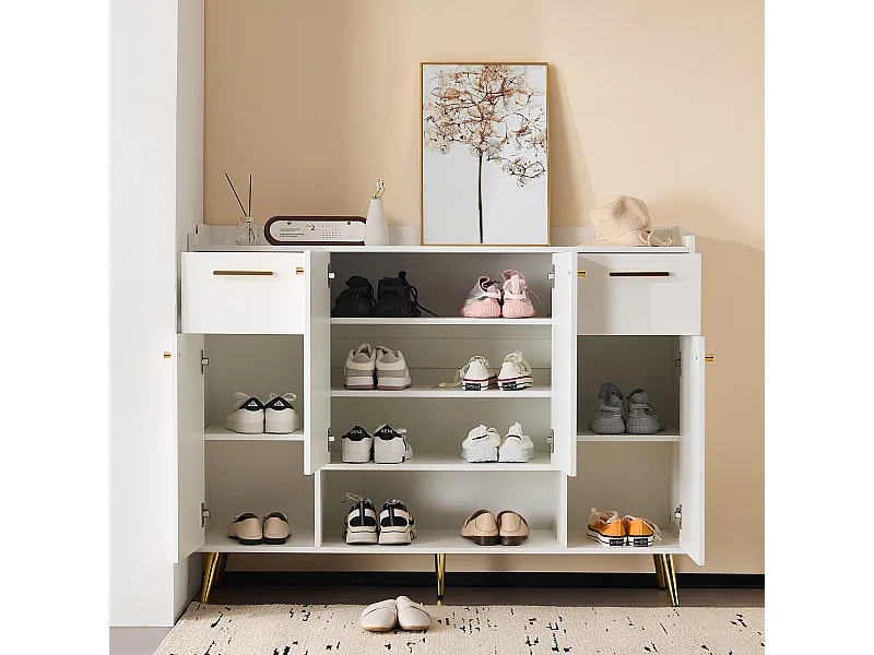 Meuble chaussures blanc avec 2 tiroirs et 4 portes, pieds en métal 130x37x100cm