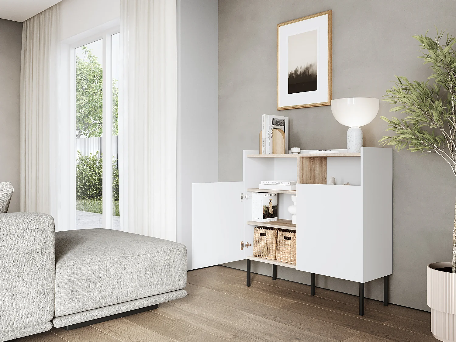 Commode 100 x 35 x 100 cm - Buffet avec portes, pieds en métal, meuble de salon mat