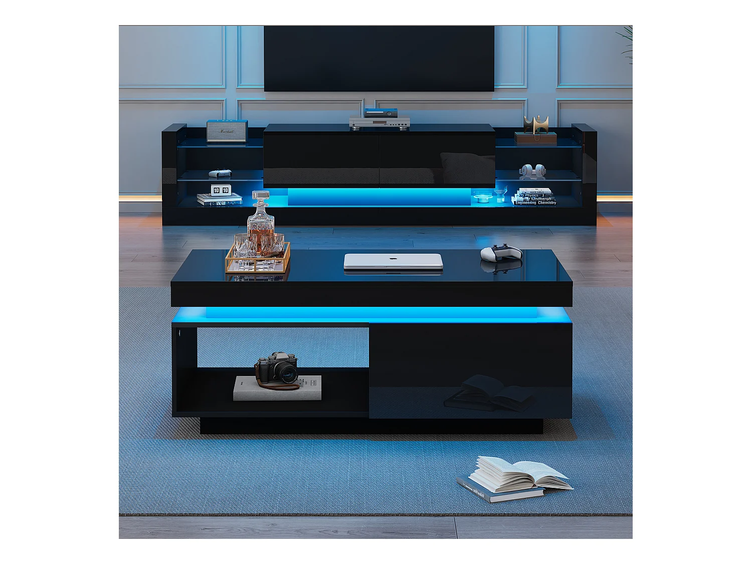 Table basse noire avec éclairage LED et tiroir, panneaux de particules, 100x50x40,3 cm