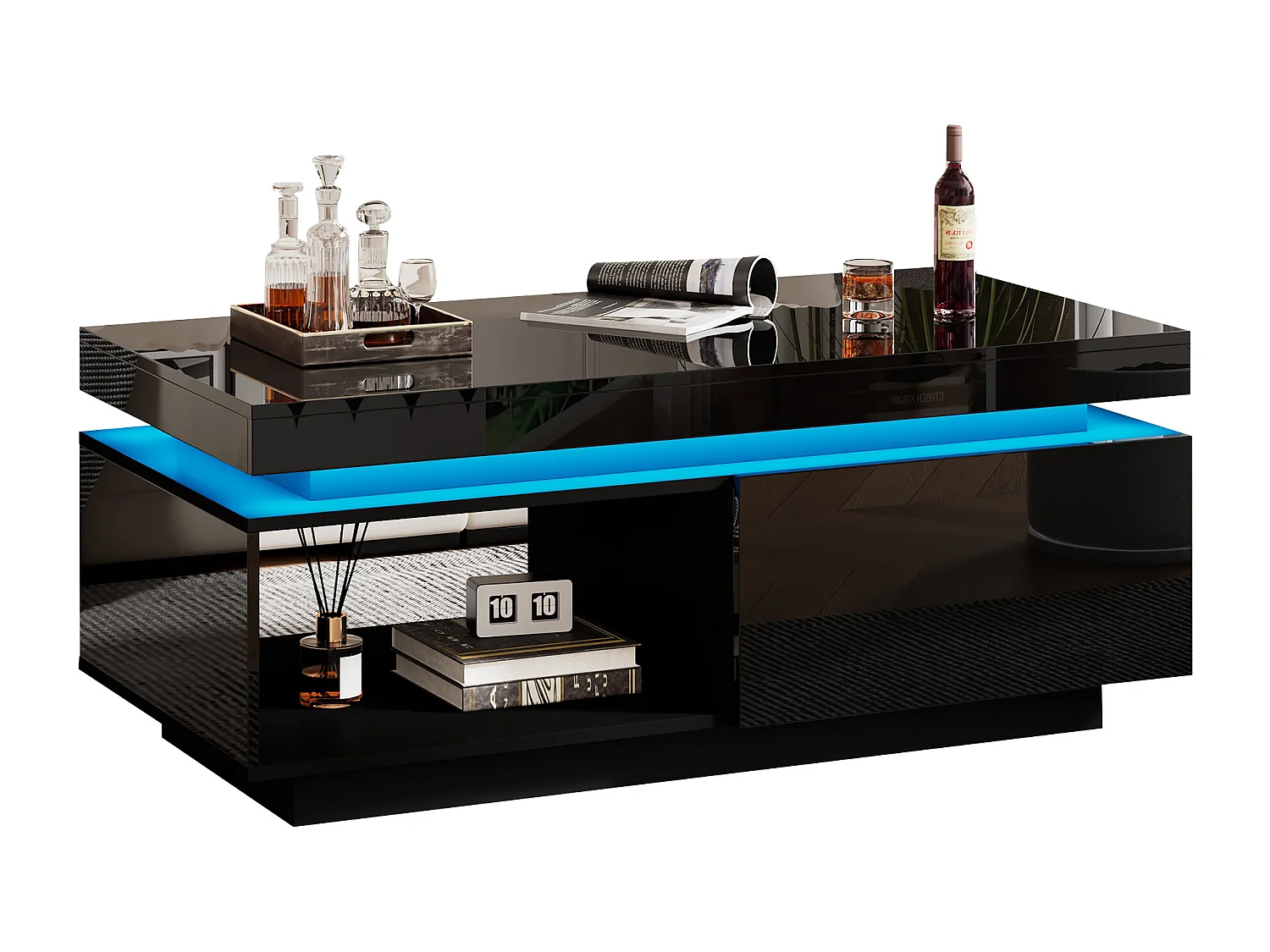 Table basse noire avec éclairage LED et tiroir, panneaux de particules, 100x50x40,3 cm