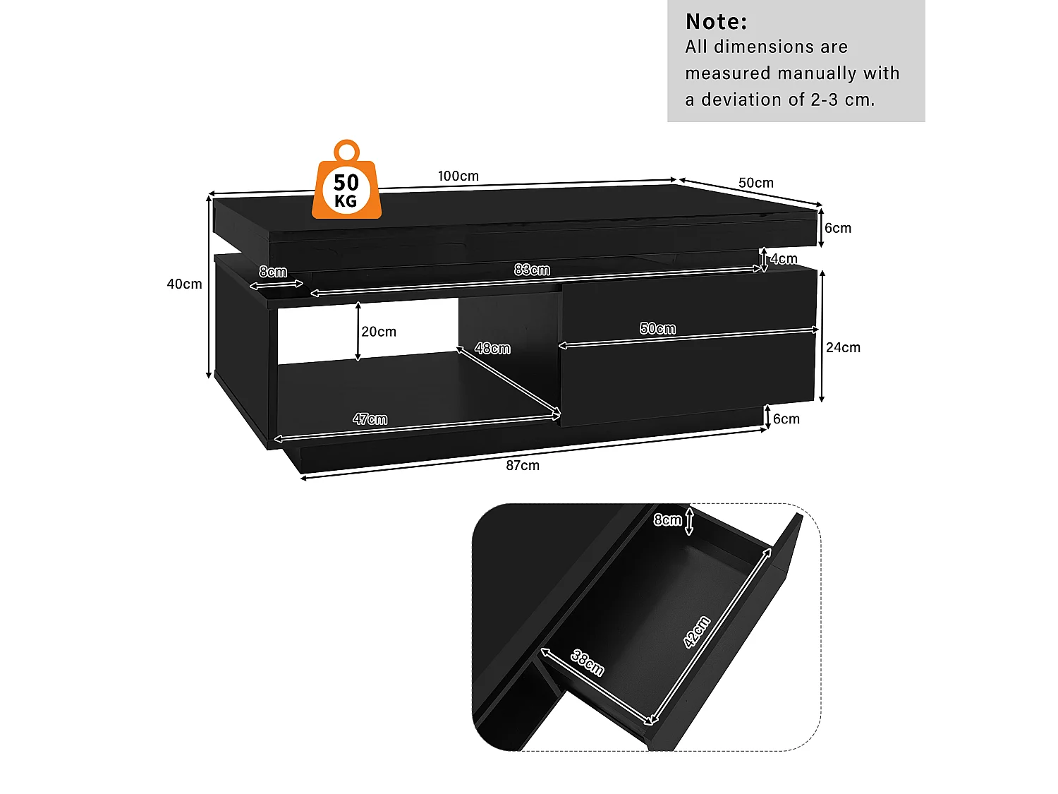 Table basse noire avec éclairage LED et tiroir, panneaux de particules, 100x50x40,3 cm
