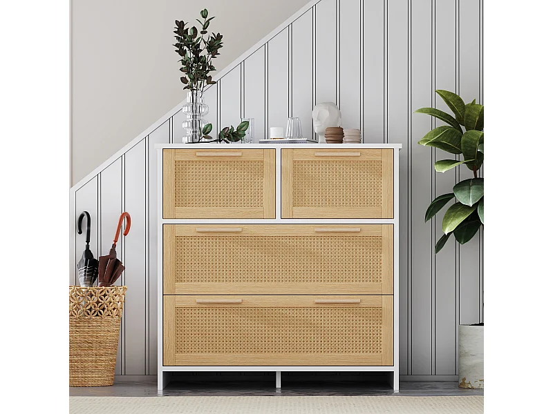 Buffet en rotin naturel avec 4 tiroirs Naturel et blanc 80x38x80cm