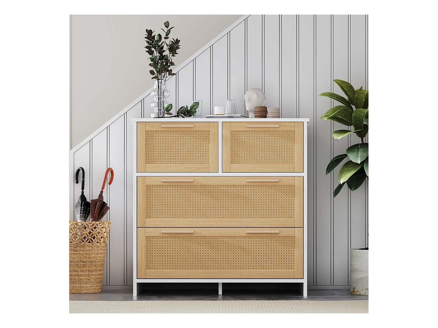 Buffet en rotin naturel avec 4 tiroirs Naturel et blanc 80x38x80cm