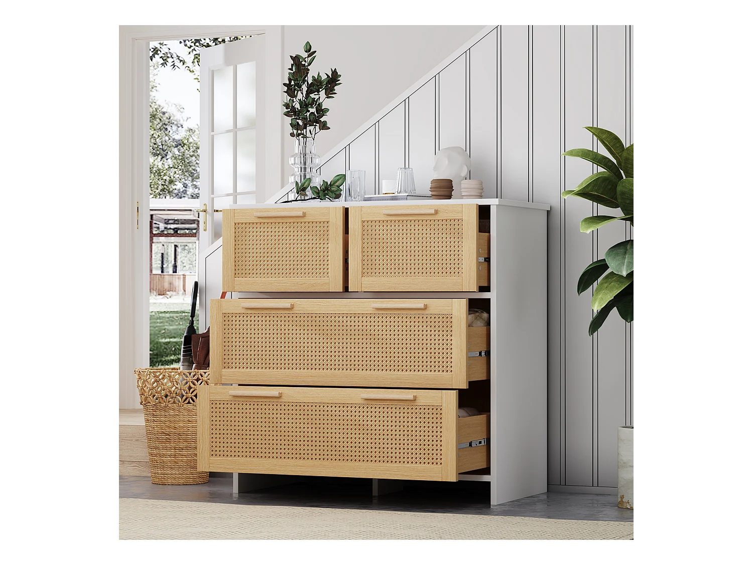 Buffet en rotin naturel avec 4 tiroirs Naturel et blanc 80x38x80cm