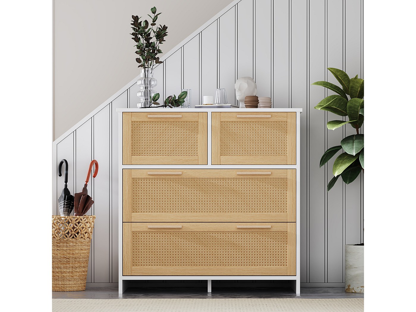 Buffet en rotin naturel avec 4 tiroirs Naturel et blanc 80x38x80cm