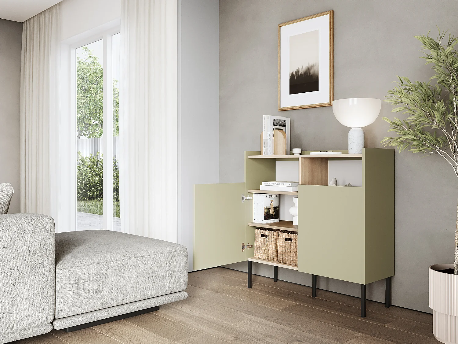 Commode 100 x 35 x 100 cm - Buffet avec portes, pieds en métal, meuble de salon mat