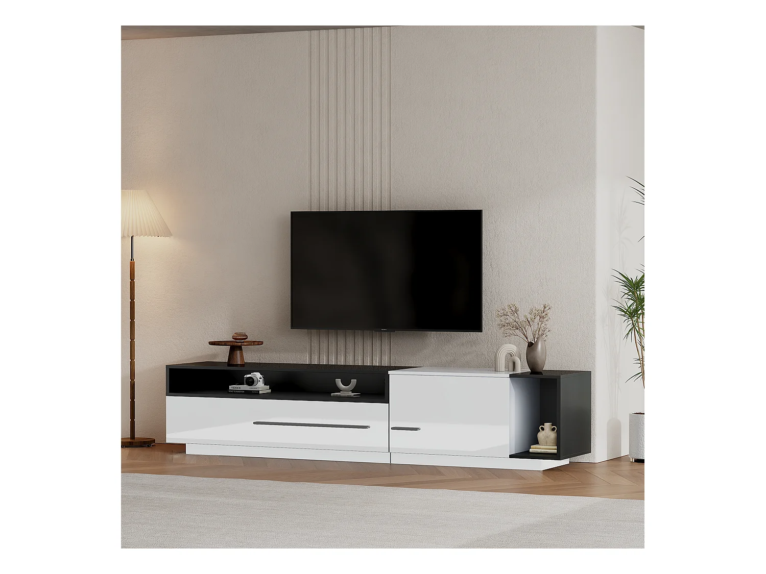 Meuble TV 170x38x42,3 cm avec  tiroir,  porte et étagère ouverte, blanc + noir