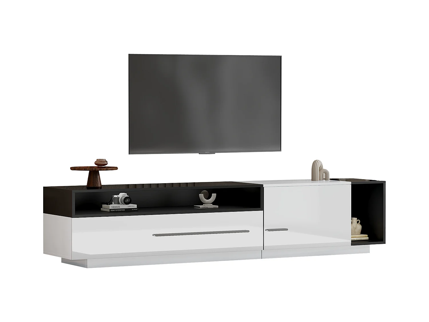 Meuble TV 170x38x42,3 cm avec  tiroir,  porte et étagère ouverte, blanc + noir