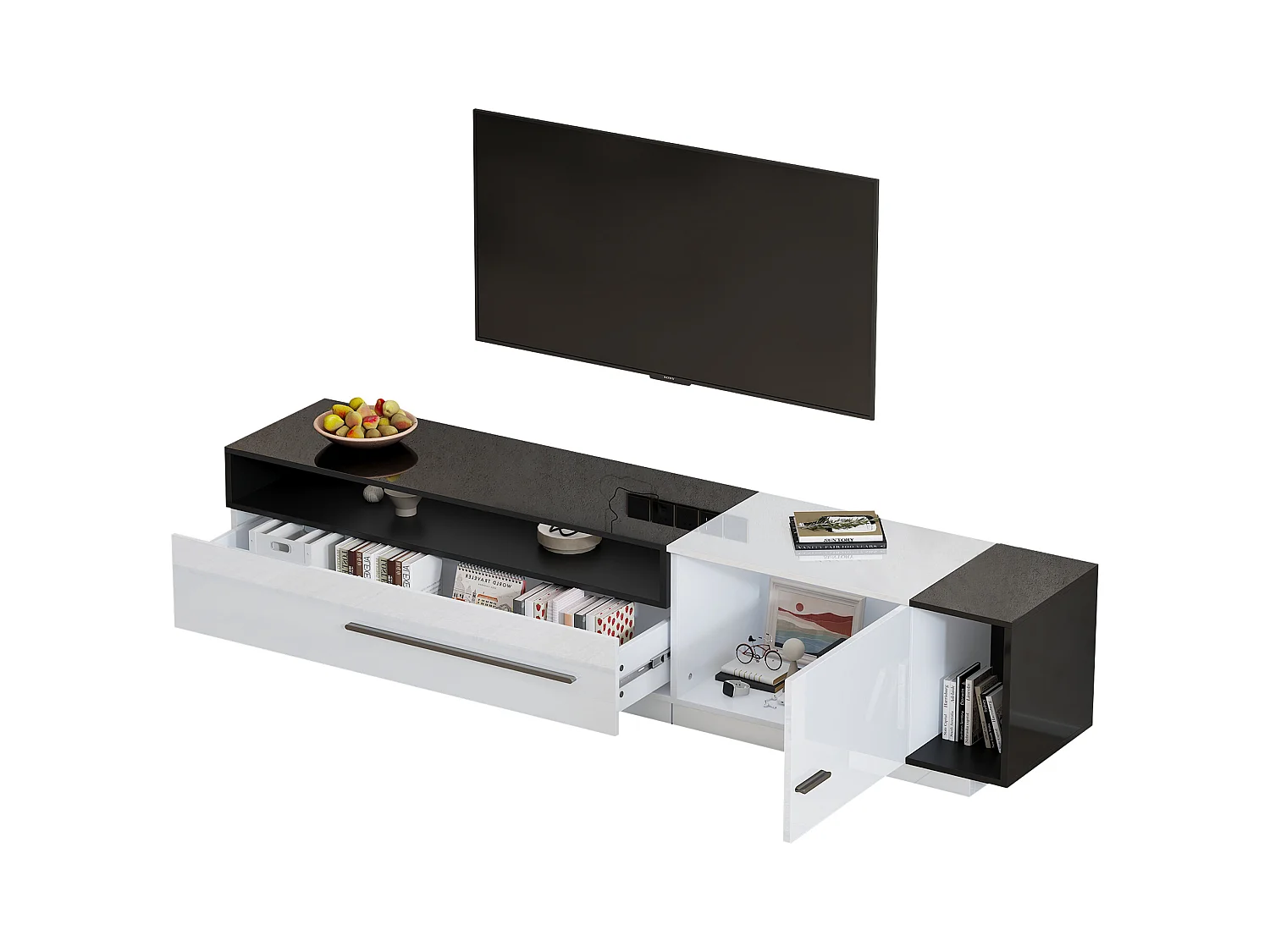 Meuble TV 170x38x42,3 cm avec  tiroir,  porte et étagère ouverte, blanc + noir