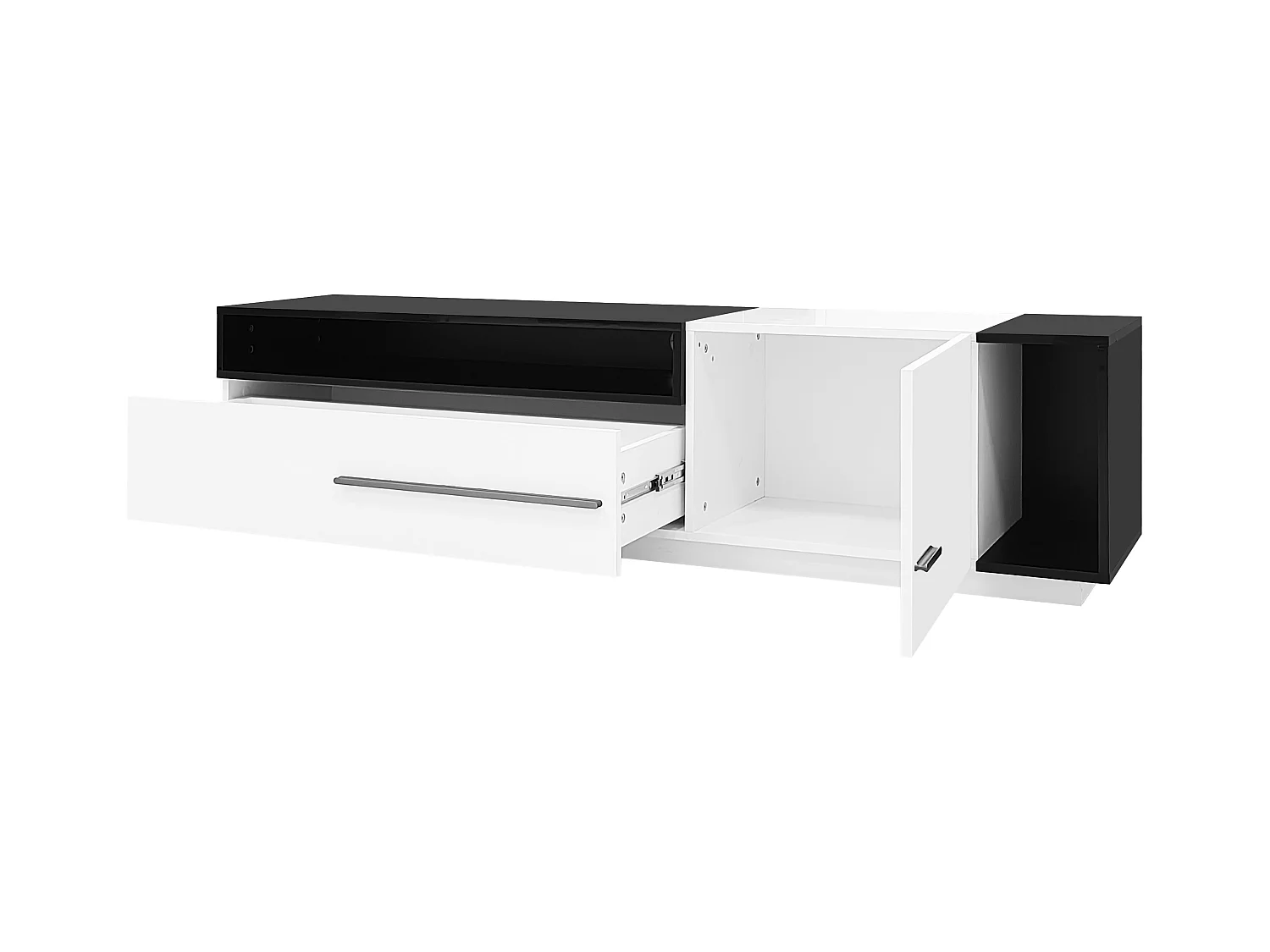 Meuble TV 170x38x42,3 cm avec  tiroir,  porte et étagère ouverte, blanc + noir