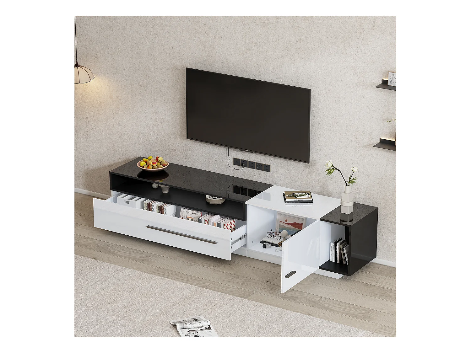 Meuble TV 170x38x42,3 cm avec  tiroir,  porte et étagère ouverte, blanc + noir