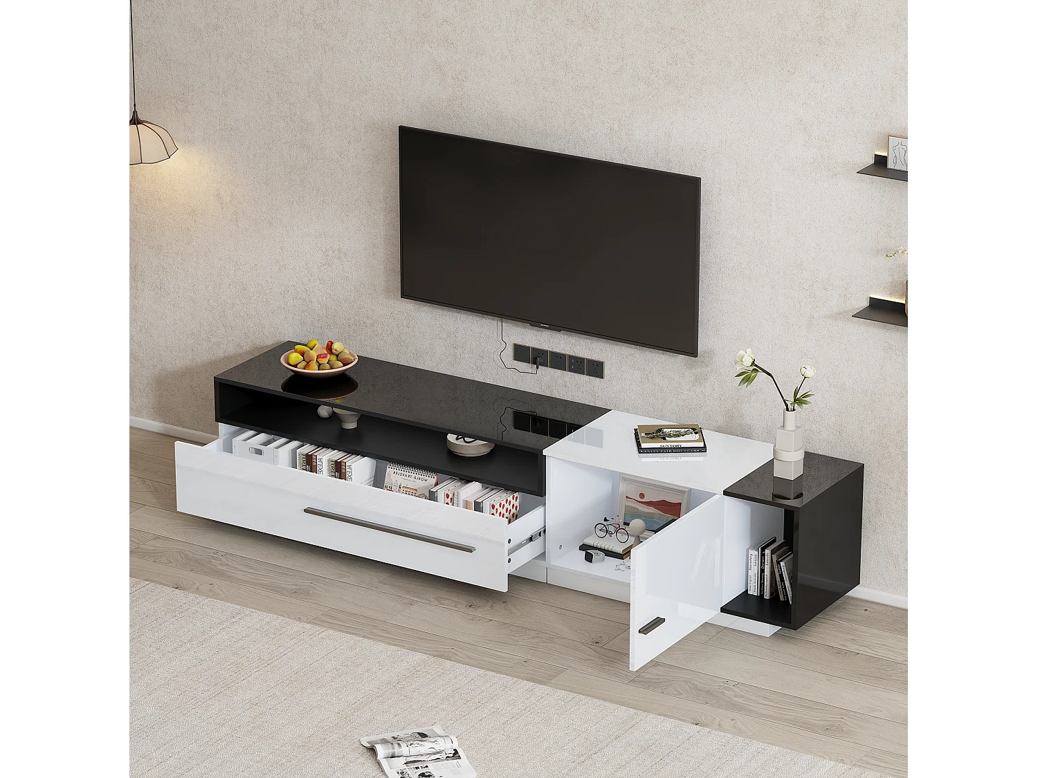 Meuble TV 170x38x42,3 cm avec  tiroir,  porte et étagère ouverte, blanc + noir