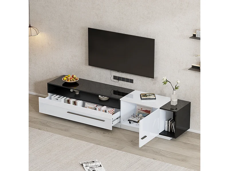 Meuble TV 170x38x42,3 cm avec  tiroir,  porte et étagère ouverte, blanc + noir