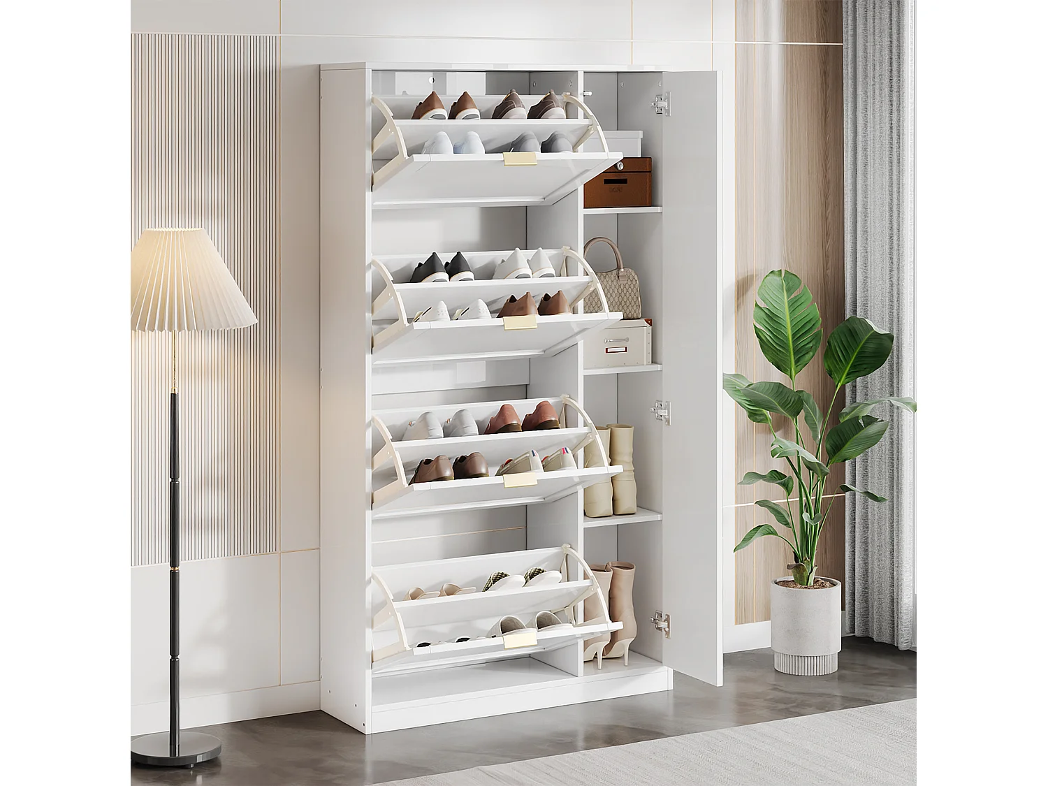 Meuble chaussures blanc avec 4 compartiments de rangement et 1 miroir 80x24x147cm