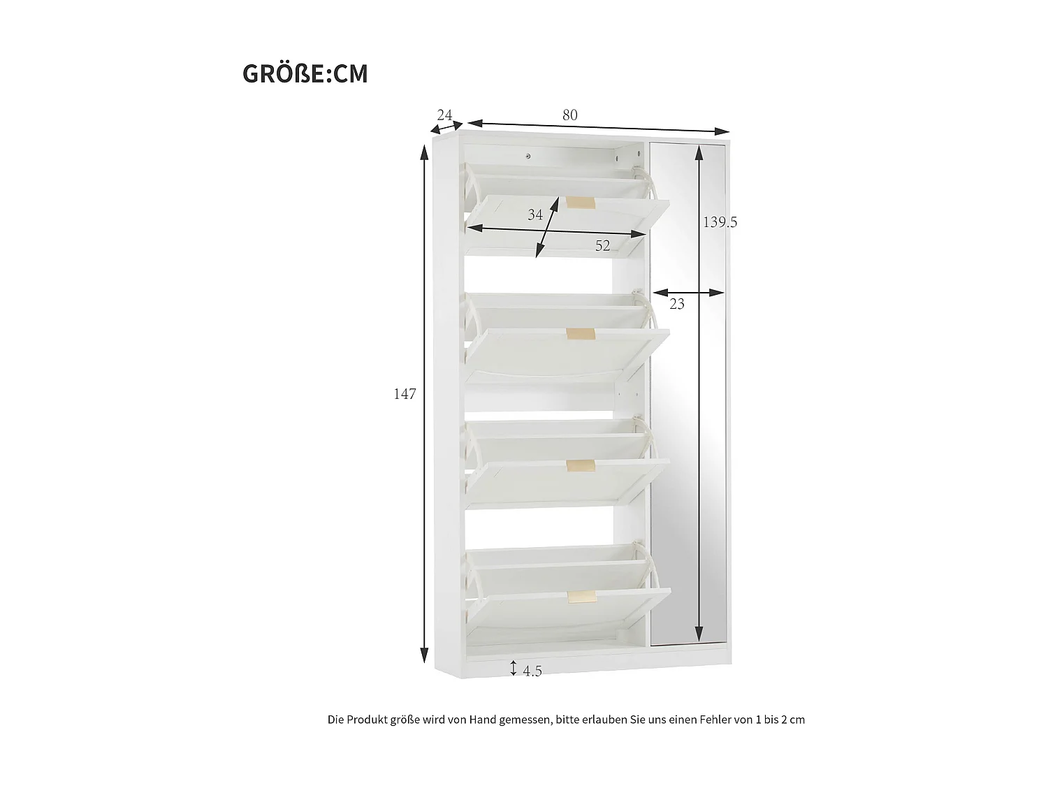 Meuble chaussures blanc avec 4 compartiments de rangement et 1 miroir 80x24x147cm