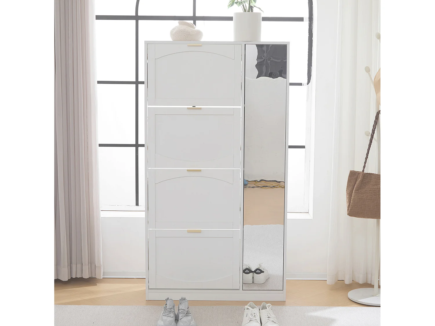 Meuble chaussures blanc avec 4 compartiments de rangement et 1 miroir 80x24x147cm