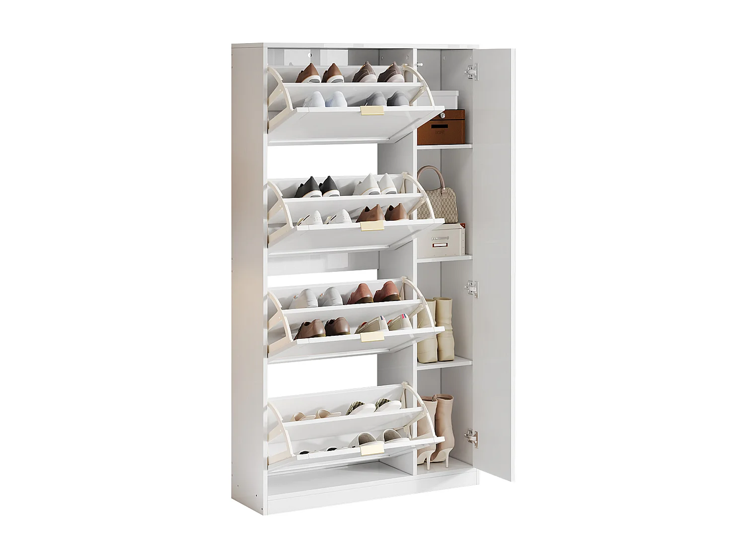 Meuble chaussures blanc avec 4 compartiments de rangement et 1 miroir 80x24x147cm