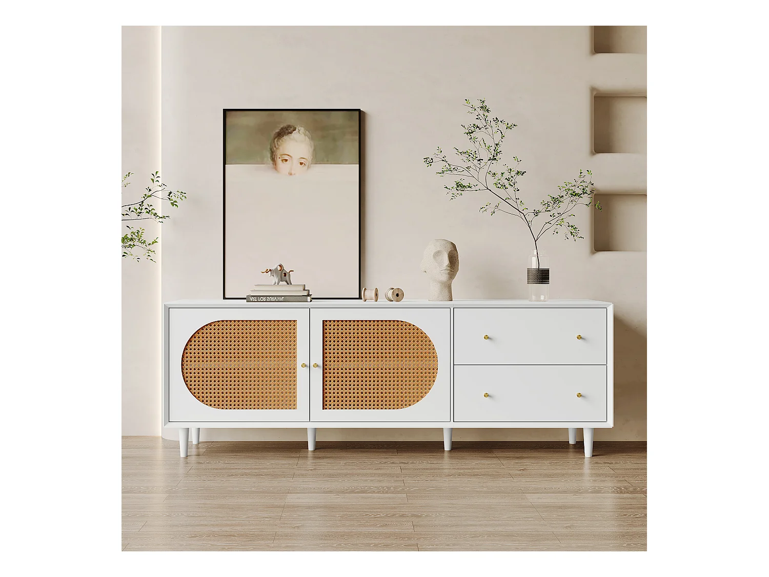 Witte tv-kast met 2 lades en 2 deuren, houten poten, 180x40x65 cm